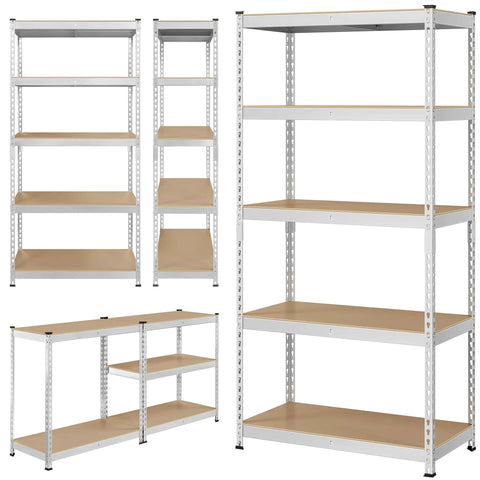 Built Like A Tank Five Tier Storage Shelf With Heavy Duty Iron Frame And Solid Wood Boards Silver Finish, showcasing multiple angles and tiers.