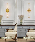 Battery Operated Wireless Wall Sconces With Remote 2 Pack Gold Dimmable Glass Wall Lights shown on and off over a dresser