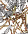 Close-up of Heavy Duty Drywall Anchor Kit With Screws, 20 Sets, Self Drilling Zinc Alloy And Iron, Easy Insertion, DIY Friendly.