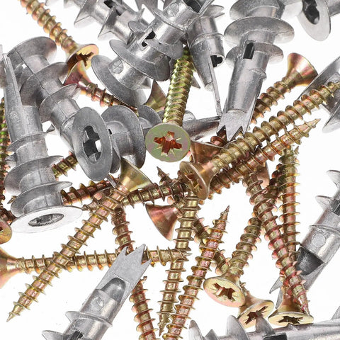 Close-up of Heavy Duty Drywall Anchor Kit With Screws, 20 Sets, Self Drilling Zinc Alloy And Iron, Easy Insertion, DIY Friendly.