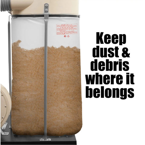Clear Plastic Dust Collector Replacement Bags 5 Pack For Shop Pros, filled bag on a dust collector with text Keep Dust & Debris Where It Belongs