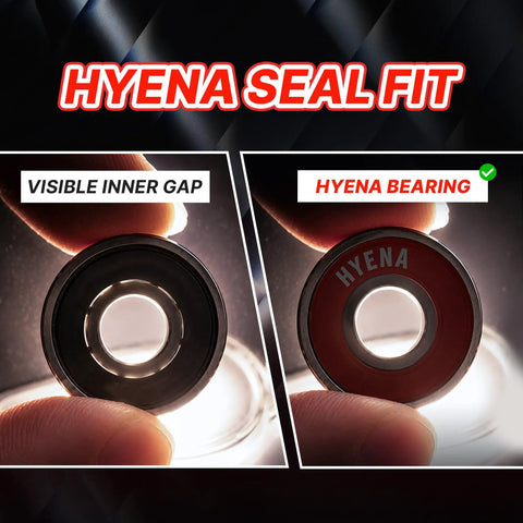 Comparison of skateboard bearings showing visible gap on left and Hyena bearing with red seal on right, highlighting quality.