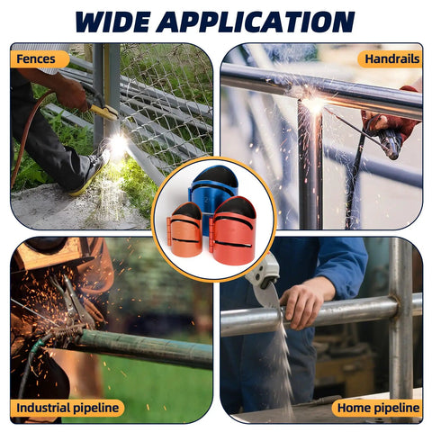 Pro Pipe Cutting Guide Kit For Metal Pipes With Magnetic Saddle shown in use for fences, handrails, industrial, and home pipeline