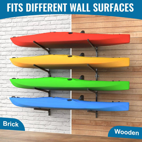 Premium Heavy Duty Kayak Storage Rack Wall Mount System For Garage with colorful kayaks on brick and wood walls.