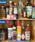 Before and after images of a cabinet organizer showcasing the Beefy Steel Reinforced Lazy Susan Cabinet Organizer Turntable.