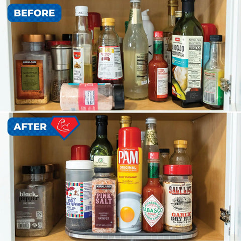 Before and after images of a cabinet organizer showcasing the Beefy Steel Reinforced Lazy Susan Cabinet Organizer Turntable.