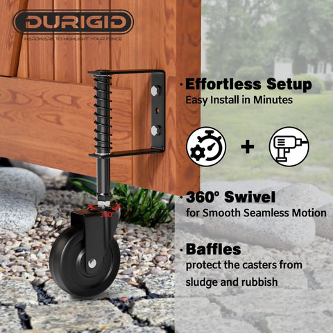 4 Inch Spring Loaded Gate Wheel With Built Like A Tank Shock Absorption, Heavy Duty Fence Caster For Wooden Gates, 200 Lb Capacity Outdoor Glide Roller mounted on a wooden gate with black swivel wheel.