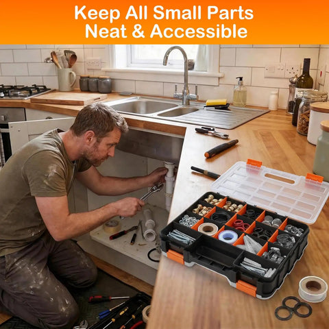 Double Sided Plastic Tool Box With Removable Dividers, 34 compartments, shown in kitchen with crafts and hardware, used by worker.
