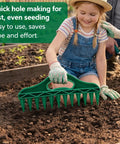 Child using Ultra Handy 12 Hole Digger Seed Spreader Kit in garden, green plastic tool for small seeds, easy grip handle.