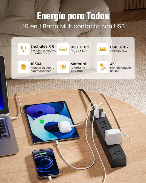 Mountable Power Strip With USB C And USB A Ports Surge Protector 10 In One Charging Hub on table with connected devices