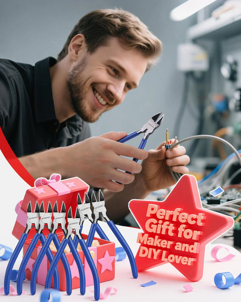 Six Piece Wire Cutters Set With Six Inch Precision Flush Cutters Plus Side Cutters used by a smiling man for electrical work.