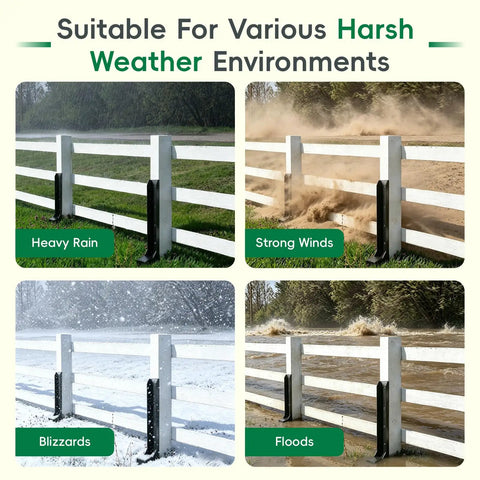 Battle Ready Four Pack Fence Post Repair Kit With One Piece Galvanized Steel Anchors And Rust Resistant Stakes for heavy rain and blizzards.