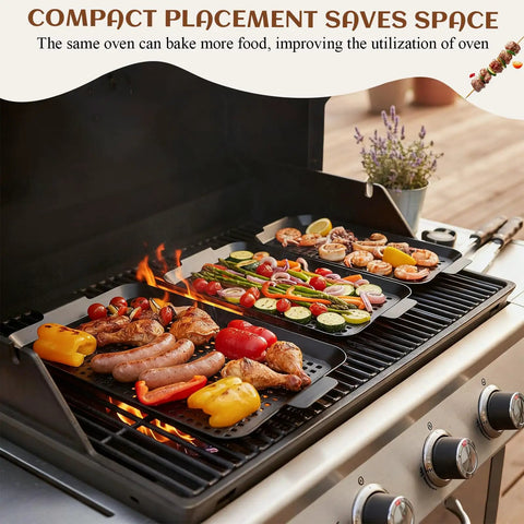 Heavy Duty Stainless Steel Grill Tray Set 3 Pack Nonstick Perforated Grill Baskets with Handles in use on outdoor grill