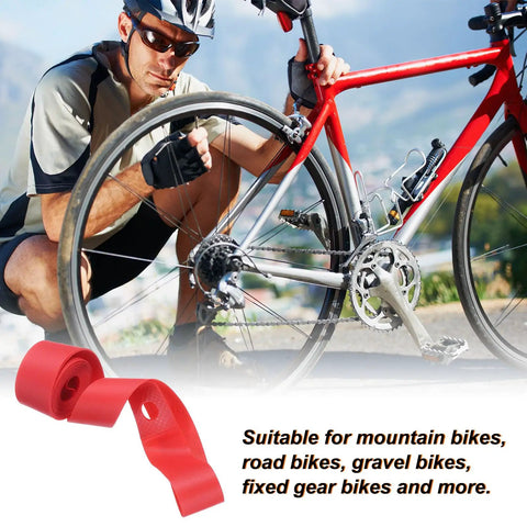 Cyclist adjusting red bike, Two Pack 16 Inch TPU Rim Strips Puncture Proof Tire Liner for Mountain and Road Bikes displayed in corner.