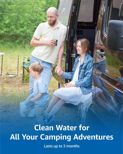 Family enjoying clean water outdoors with Top Shelf NSF Certified RV Inline Water Filter For Campers And Garden Hoses To Eliminate Chlorine And Funky Taste Using Lead Free Kdf And Carbon Media Ensuring Smooth Flow And Safe Hydration For Your Next Trip Outdoors Is Always A Breeze.