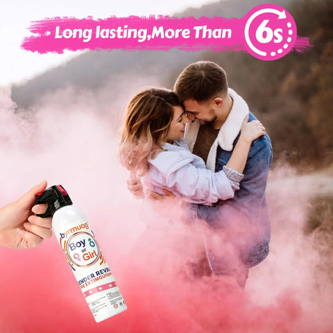 Epic Gender Reveal Fire Extinguisher Multipack Featuring Snazzy Biodegradable Color Powder Blasters in use with couple among pink smoke.