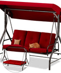 Three Seat Patio Swing With Canopy For Backyard Or Porch Convertible Glider Bed Thick Removable Cushions And Pillows in Burgundy