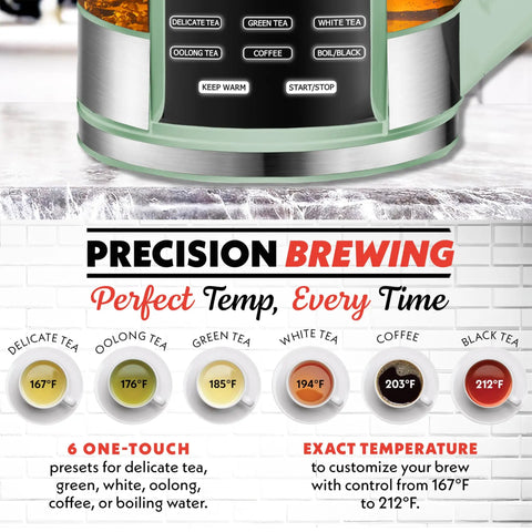 Electric Glass Kettle With 1.7L Capacity, Programmable Tea And Coffee Brewer, 6 Easy To Use Presets, Digital Touch Display.