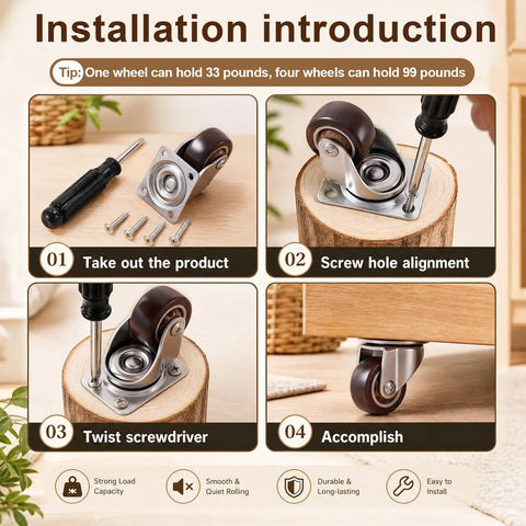 Installation steps for 12 Pack Brown Mini Swivel Caster Wheels Compact 0.5 Inch Diameter 360 Degree Rotating glides for bins.