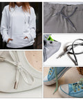 Heavy Duty Metal Shoelace Aglets 40 Pack Silver Copper Lace Tips For Sneaker Repair And Durable Cord Ends displayed on shoes and hoodies.