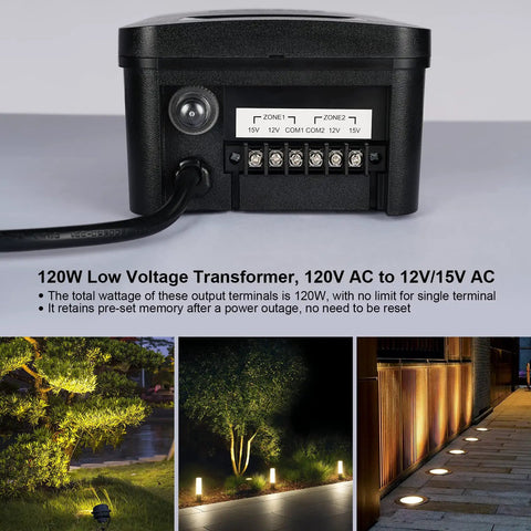 Smart 120 Watt Low Voltage Landscape Transformer with Two Independent Zones shown with garden lighting application.