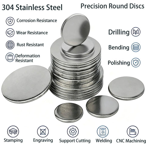 10 Piece 304 Stainless Steel Disc Blanks Set, round metal discs displayed in a stack and spread out, showcasing corrosion resistance.