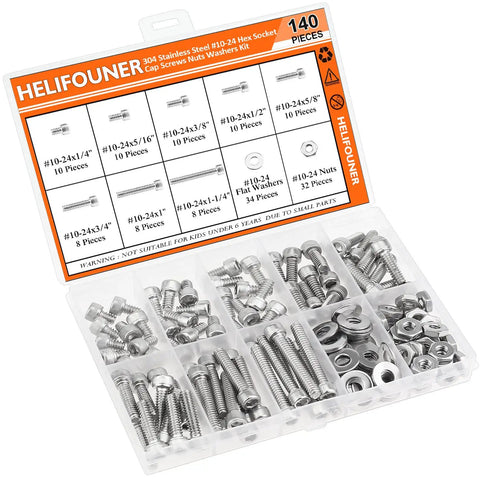 Heavy Duty Assorted Hex Socket Head Cap Screws Kit With Matching Nuts And Flat Washers 10-24 Coarse Thread 304 Stainless Steel set in clear organizer.