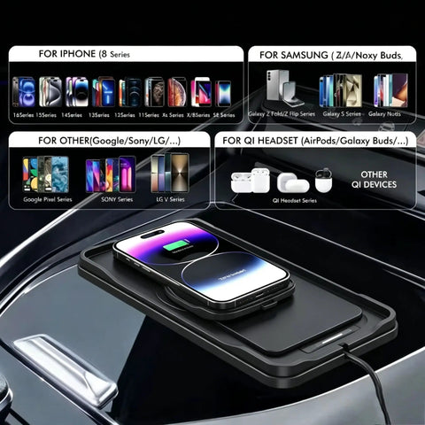 Straight Up Fast Wireless Charger For GMC Sierra 1500 2500 3500 Ev Center Console showing charging compatibility with multiple devices.
