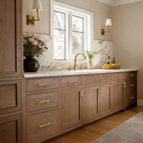 10 Pack Heavy Duty Zinc Alloy Cabinet Pulls With Premium Champagne Bronze Finish 5 Inch Hole Centers For Kitchen Drawers built into modern cabinetry.