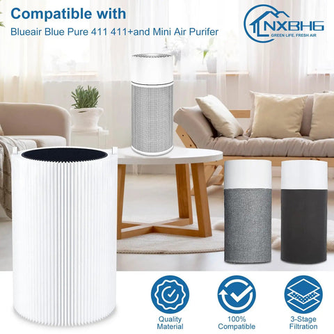 Replacement Filter For Blue Pure 411 411 Plus Mini 411 Auto Air Purifiers with three filter options in living room