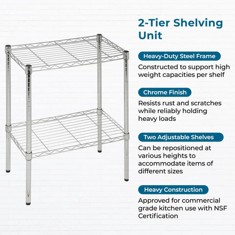 Heavy Duty Chrome Wire Shelving Rack With Two Adjustable Tiers And Rust Resistant Finish Offers Legit Storage Up To Five Hundred Pounds.