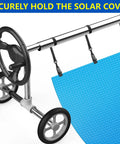 24 Piece Pool Solar Cover Reel Attachment Kit with strap securing a blue solar blanket on a reel system.