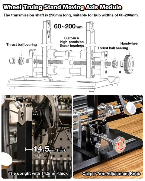 Diagram and close-up of Pro Grade Bicycle Wheel Truing Stand For Professional Mechanics With Aluminum Alloy Base and Caliper Arm Adjustment Knob