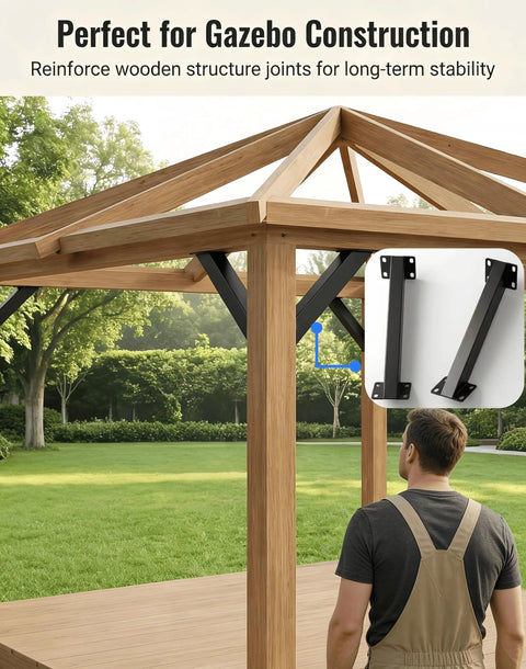 Heavy Duty Pergola Brackets Kit Four Pack Steel Corner Connectors 45 Degree Angle Support Brackets for Wooden Structures Like Treehouse Gazebo Patio Deck and Cabin Tough As Nails All Weather Rust Resistant