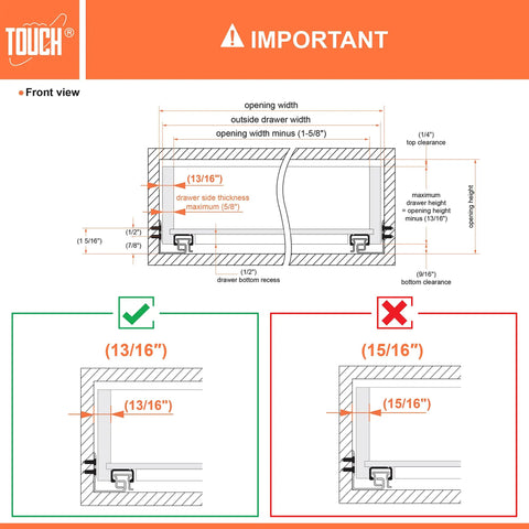 Diagram showing Undermount Drawer Slides With Self Soft Close For 12 Inch Cabinets One Half To Five Eighths Inch Side Panels installation.
