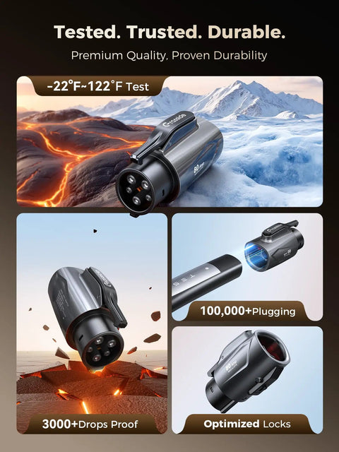 Plug And Play Tesla To J1772 Charging Adapter With Solid 80 Amp Build for reliable use in extreme conditions like drops and temperatures.
