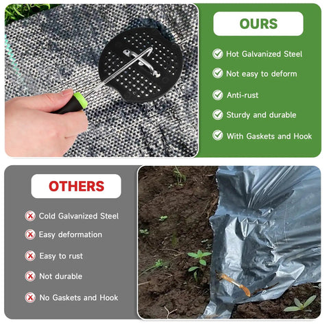 Comparison of hot galvanized steel with gaskets and hook versus cold steel in use for landscape fabric installation