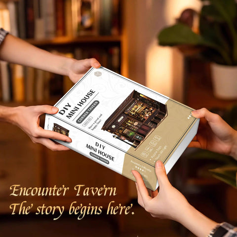 DIY Book Nook Kit Corner Tavern Miniature Dollhouse For Adults Teens Beginners, 3D Wooden Puzzle For Bookshelf Decor box held by hands