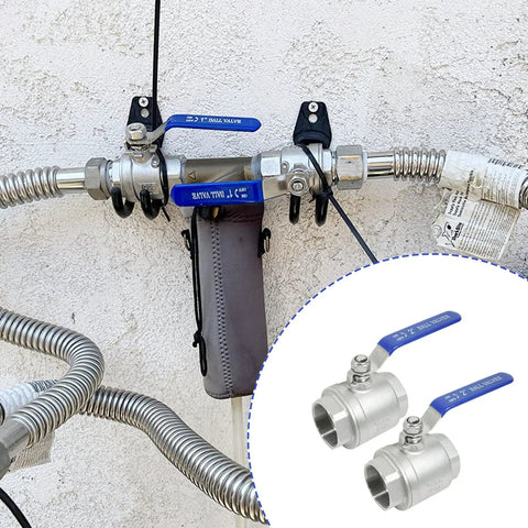 Installed view of Two Pack 2 Inch Full Port Ball Valve 304 Stainless Steel NPT Female Heavy Duty Shut Off Valve For Water Oil And Gas Systems