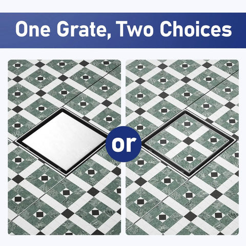 Kickass Square Shower Drain Six Inch 304 Stainless Steel Floor Grate installed in tiled area with two design options visible.