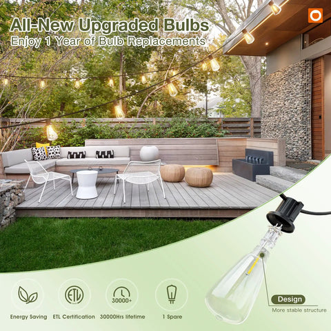 96 Ft Outdoor Solar String Lights With Remote And USB Port, Waterproof Patio Garden Lights on wooden deck with seating area.