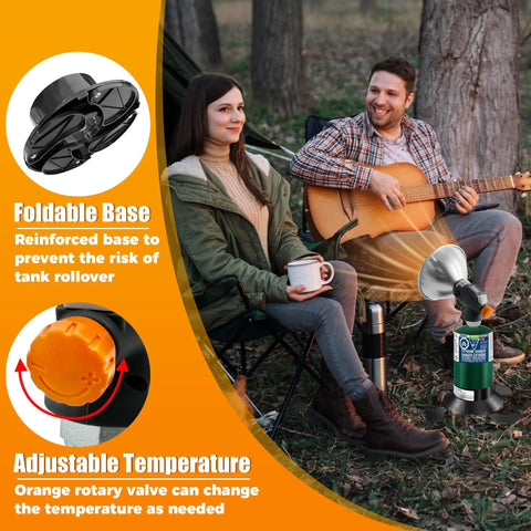 Two people sitting by a tent with a guitar and an 8500 BTU Portable Propane Heater For Camping And Outdoors with reinforced base.