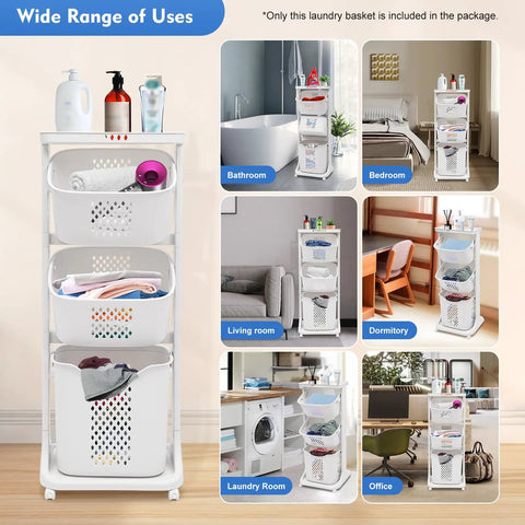 Three Tier Rolling Laundry Cart With Wheels For Bathroom And Bedroom displayed in various room settings for versatile use