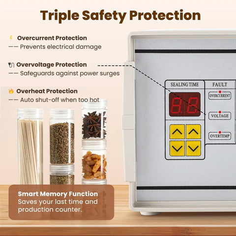 Handheld Induction Sealer For Flat And Spout Caps 10 To 50 mm showing control panel with safety features and spice jars.