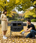 Outdoor Tumbling Composter 43 Gallon Dual Chamber With Two Sliding Doors in use in garden setting with people adding leaves