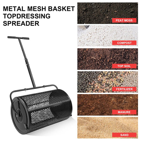 24 Inch Compost And Peat Moss Spreader For Lawns And Gardens, Roller Spreader For Topsoil, Powder Coated Steel Basket