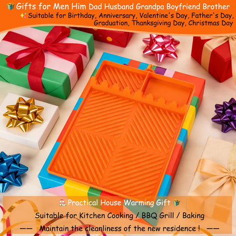 Silicone Griddle And Grill Mat With Drip Pad amidst colorful gift boxes, perfect BBQ gift for men.