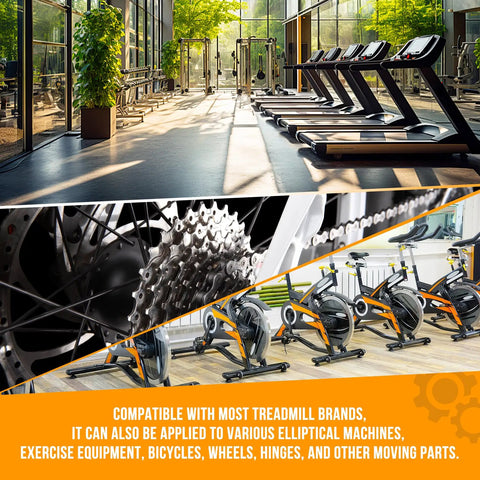 Gym with treadmills and ellipticals, showcasing 7oz Silicone Treadmill Belt Lubricant With Application Tubes High Temp Resistant Odorless Non Toxic Reduces Friction And Wear For Slicker Runs And Longer Motor Life.