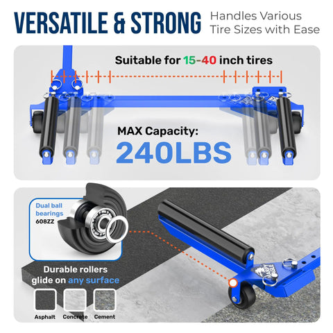 Foldable Adjustable Tire Dolly Ready To Roll Straight From The Box With Two Forty Pound Load Capacity Works Great With Cars Suvs And Pickup Trucks Collapses Flat For Small Garages Arrives Fully Assembled Includes Carry Bag, showing versatile design for 15-40 inch tires.