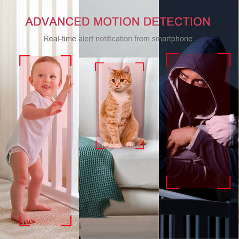 Baby, cat, and intruder detected by Four Pack Indoor 1080P Security Cameras With Motion Detection Night Vision And Two Way Audio